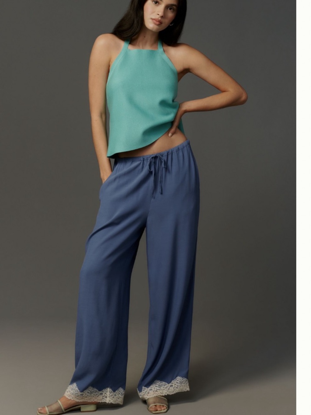 Nwt Wide-Leg Blue Lounge Pants with Lace Trim